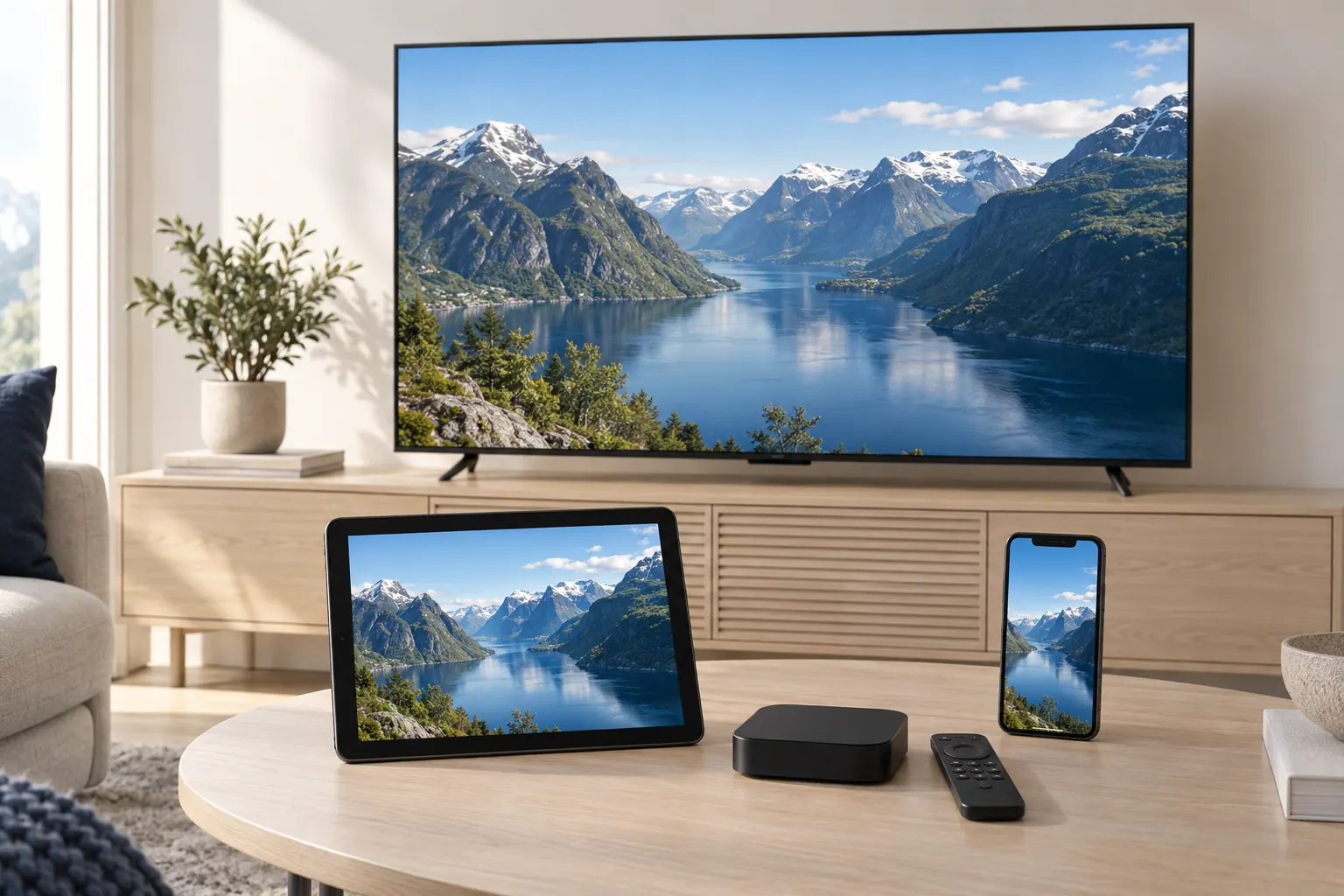 TV, nettbrett, mobil, strømmeboks og fjernkontroll