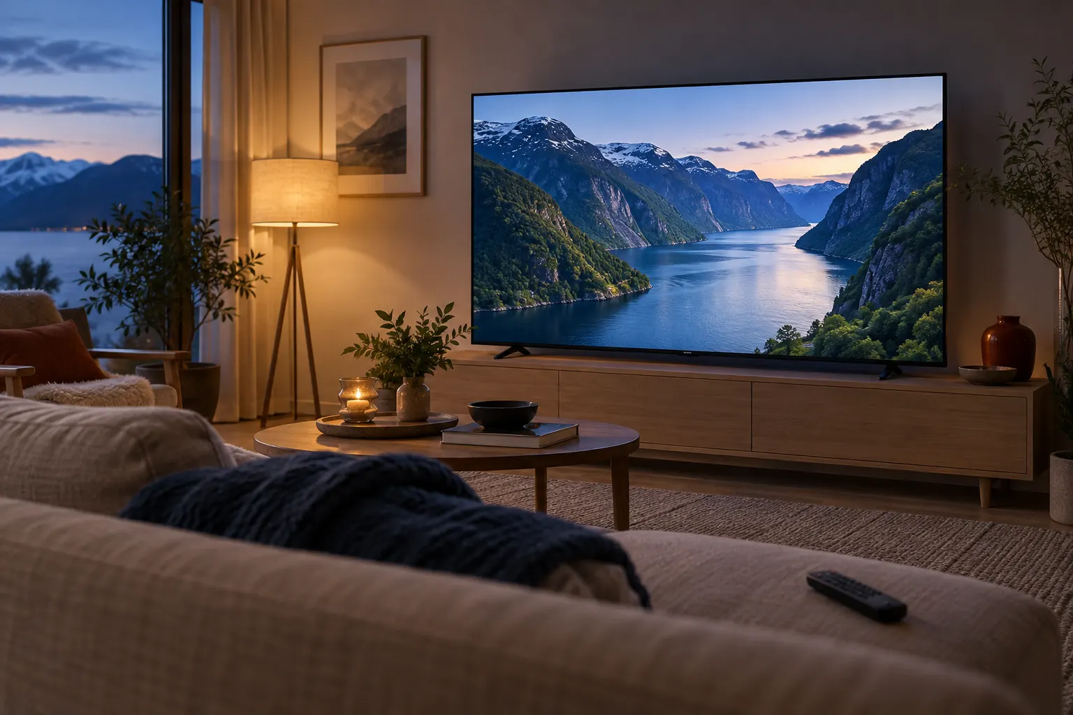 TV med fjordlandskap i en lun, skandinavisk stue