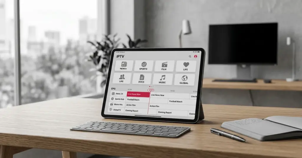Tablet med beste iptv app viser kanaler og programguide på skrivebordet