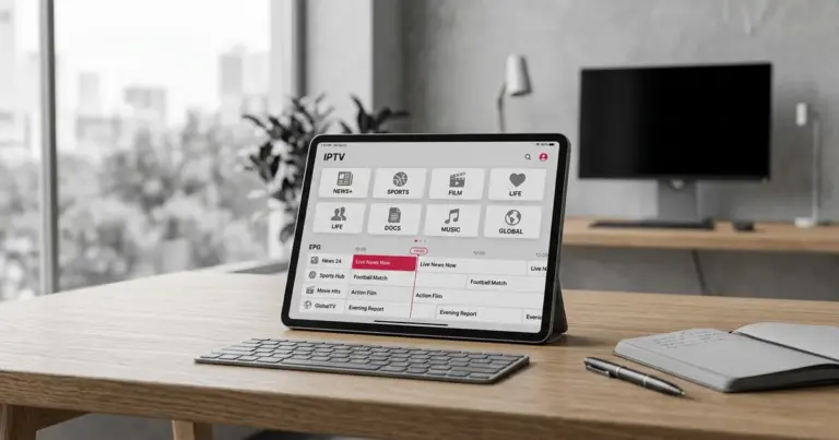 Tablet med beste iptv app viser kanaler og programguide på skrivebordet