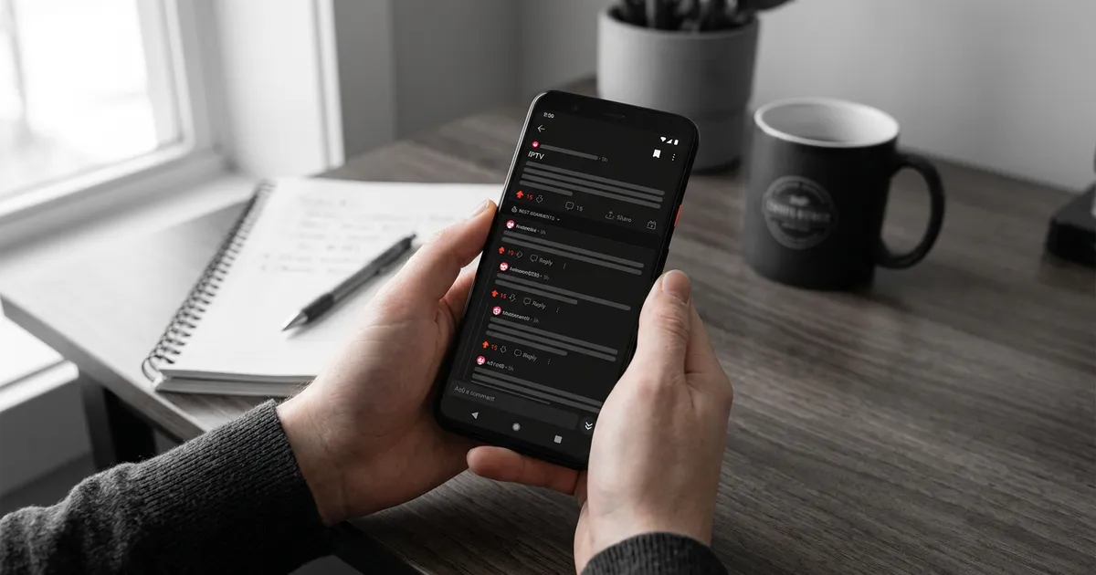 Hender holder smartphone med Reddit-tråd om iptv norge forum