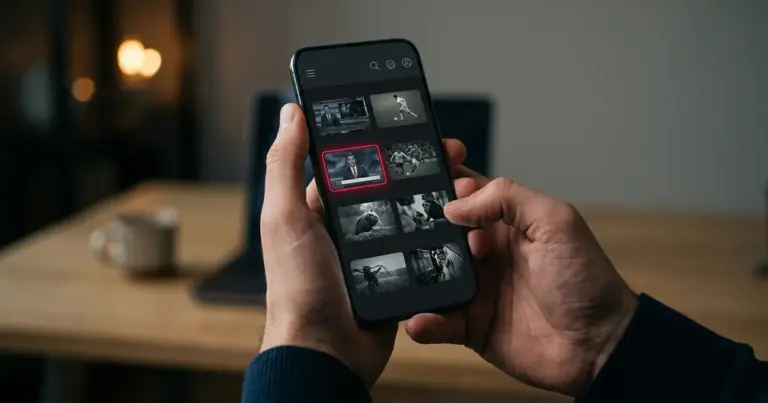 Hender holder telefon med IPTV-kanalliste og sjekker kanaler under prøveperiode