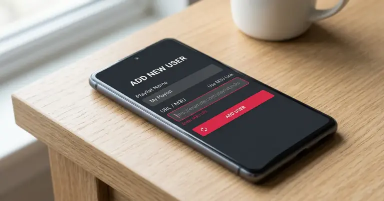 Smarttelefon med IPTV Smarters Pro og M3U-inntastning på skjermen