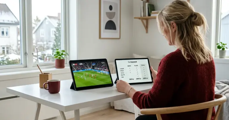 Person sammenligner iptv vs allente på to nettbrett med fotball og priser