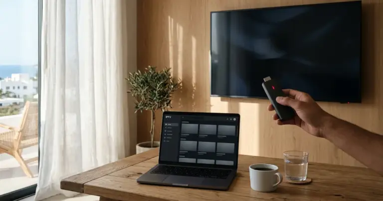 Strømmepinne kobles til TV for å se norsk TV i Spania med IPTV