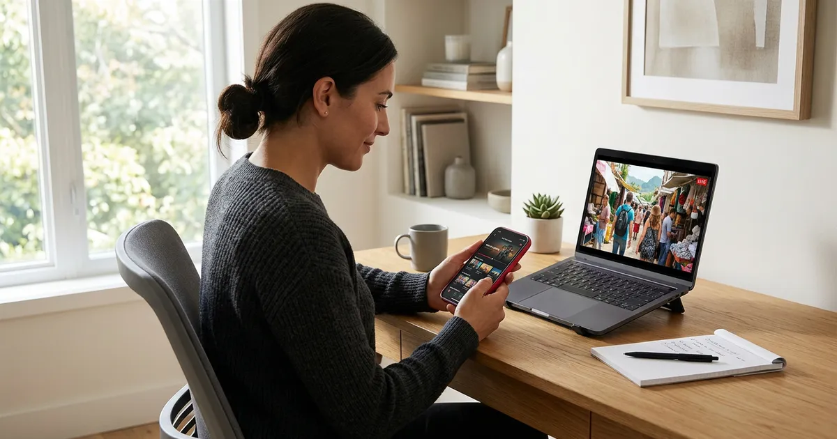 Person tester beste IPTV-leverandør på mobil og laptop med notater