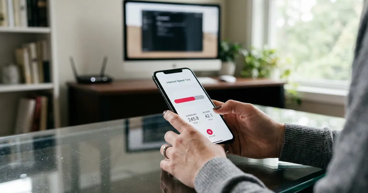 Hender tester nettfart på mobil for å unngå iptv buffrer